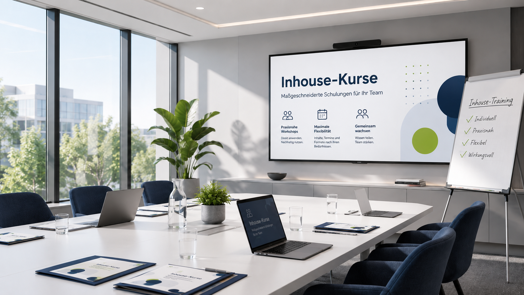 Vorbereiteter Schulungsraum für einen Inhouse-Kurs mit Präsentationsfläche, Flipchart und Arbeitsplätzen